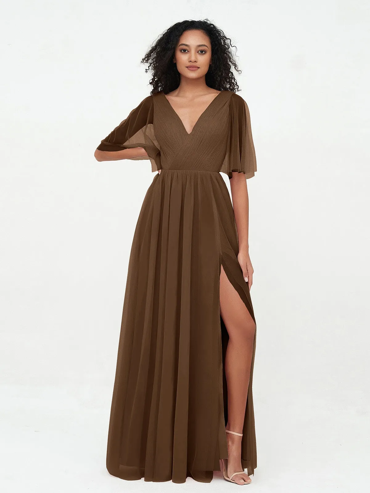 A-ligne Col en V Robes Maxi en Tulle avec Dos en V Profond Brun Grande Taille