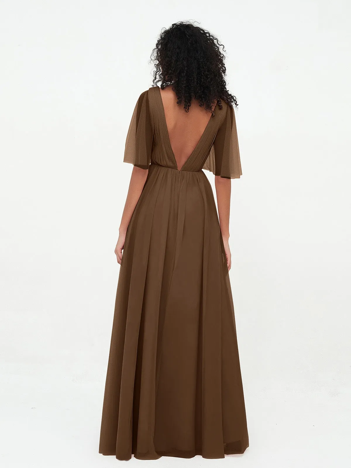 A-ligne Col en V Robes Maxi en Tulle avec Dos en V Profond Brun Grande Taille