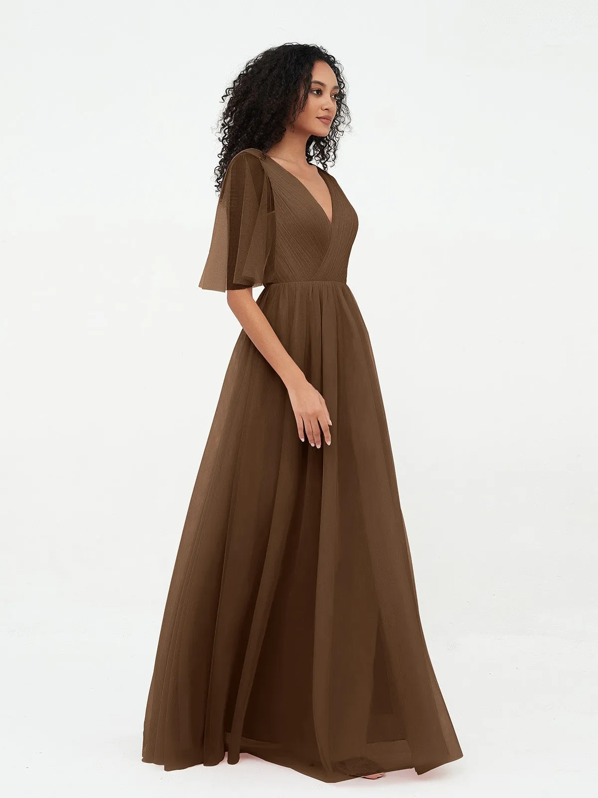 A-ligne Col en V Robes Maxi en Tulle avec Dos en V Profond Brun Grande Taille