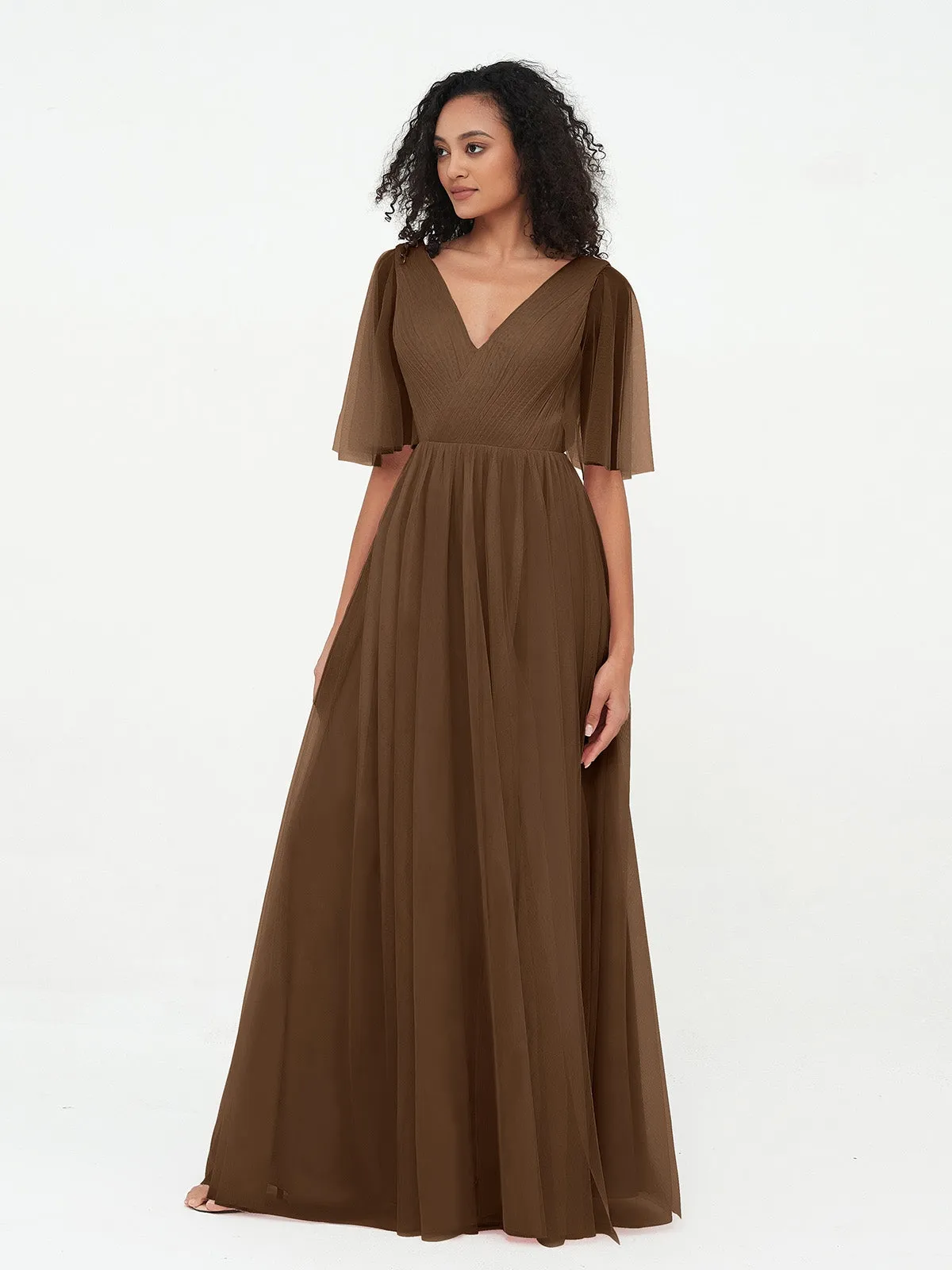 A-ligne Col en V Robes Maxi en Tulle avec Dos en V Profond Brun Grande Taille