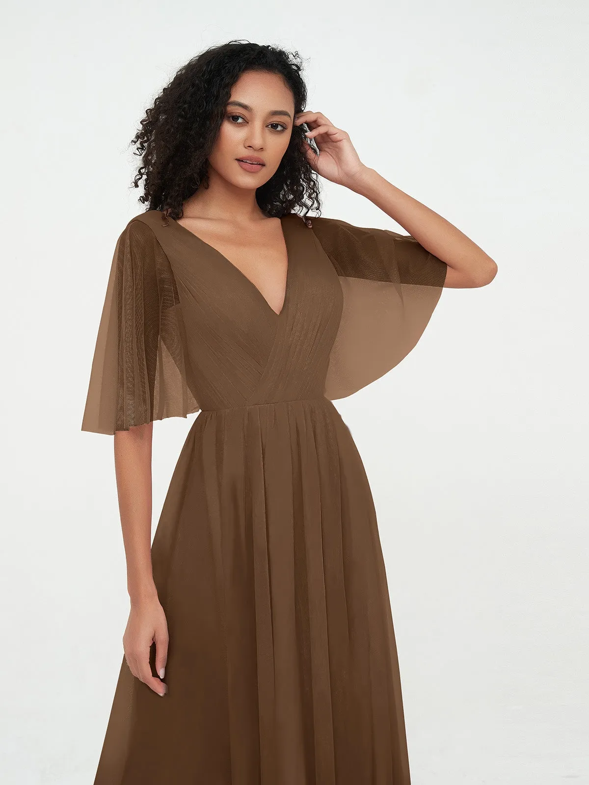 A-ligne Col en V Robes Maxi en Tulle avec Dos en V Profond Brun Grande Taille