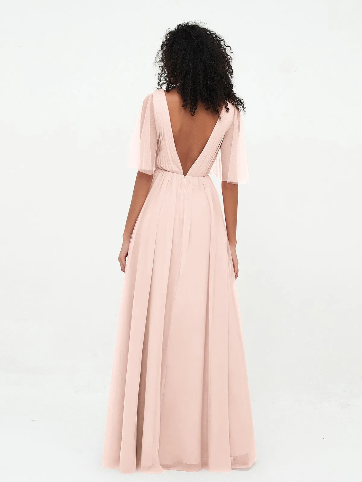 A-ligne Col en V Robes Maxi en Tulle avec Dos en V Profond Rose Perle Grande Taille