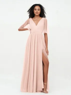 A-ligne Col en V Robes Maxi en Tulle avec Dos en V Profond Rose Perle Grande Taille