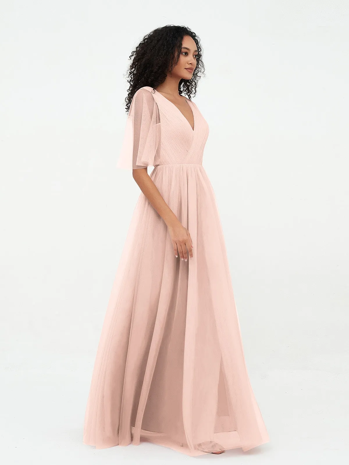 A-ligne Col en V Robes Maxi en Tulle avec Dos en V Profond Rose Perle Grande Taille