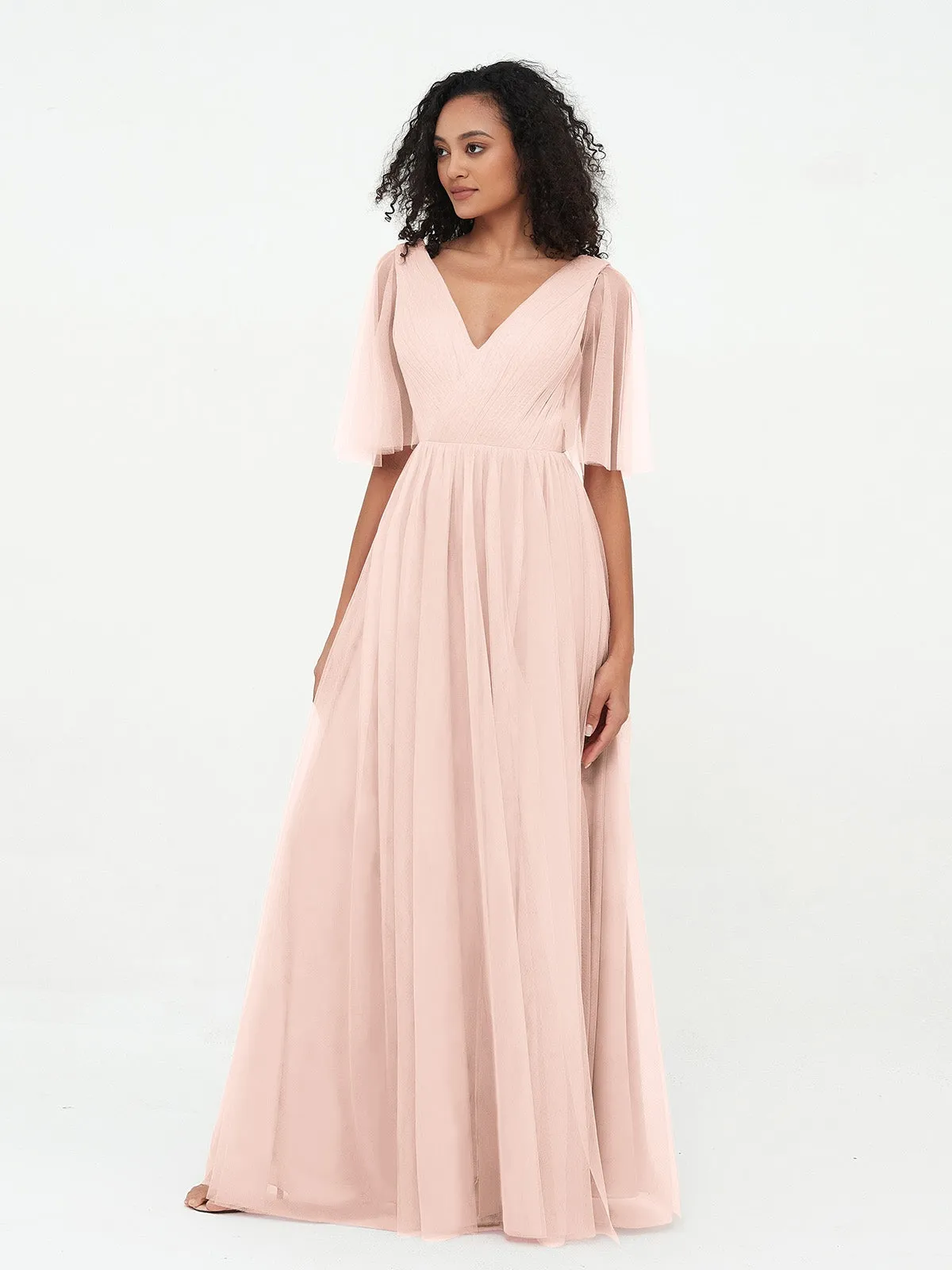 A-ligne Col en V Robes Maxi en Tulle avec Dos en V Profond Rose Perle Grande Taille