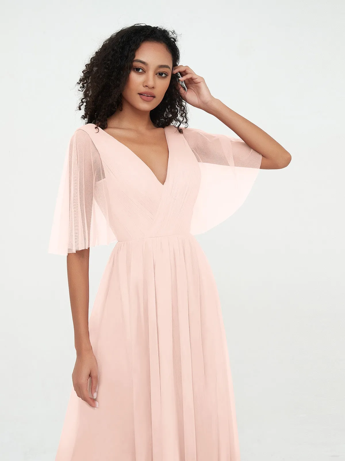 A-ligne Col en V Robes Maxi en Tulle avec Dos en V Profond Rose Perle Grande Taille