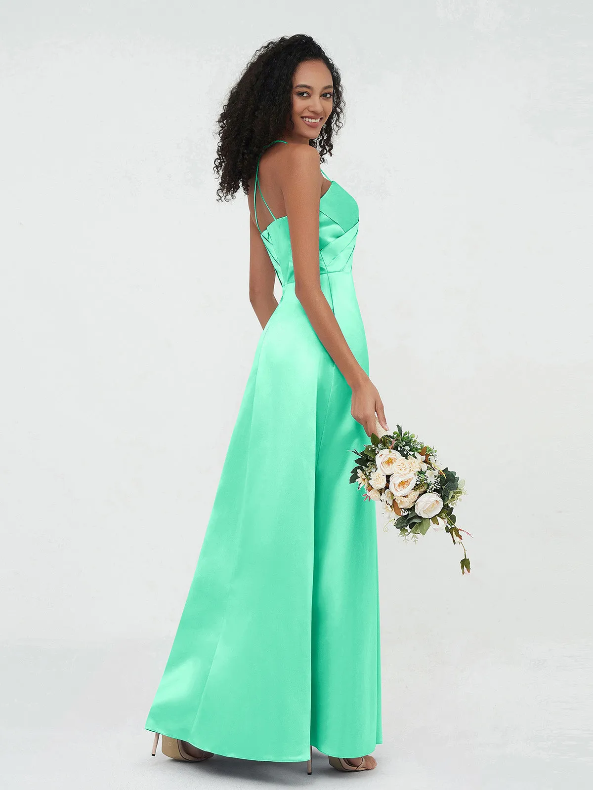 Bretelles Spaghetti Corsage Plissé Robes en Satin Turquoise Grande Taille