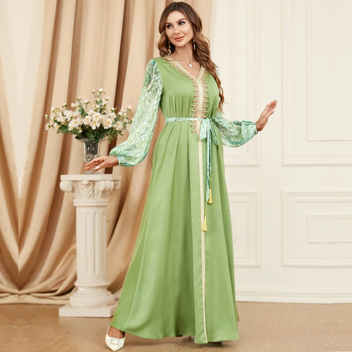 Caftan marocain Fleur de Jasmin - Vert