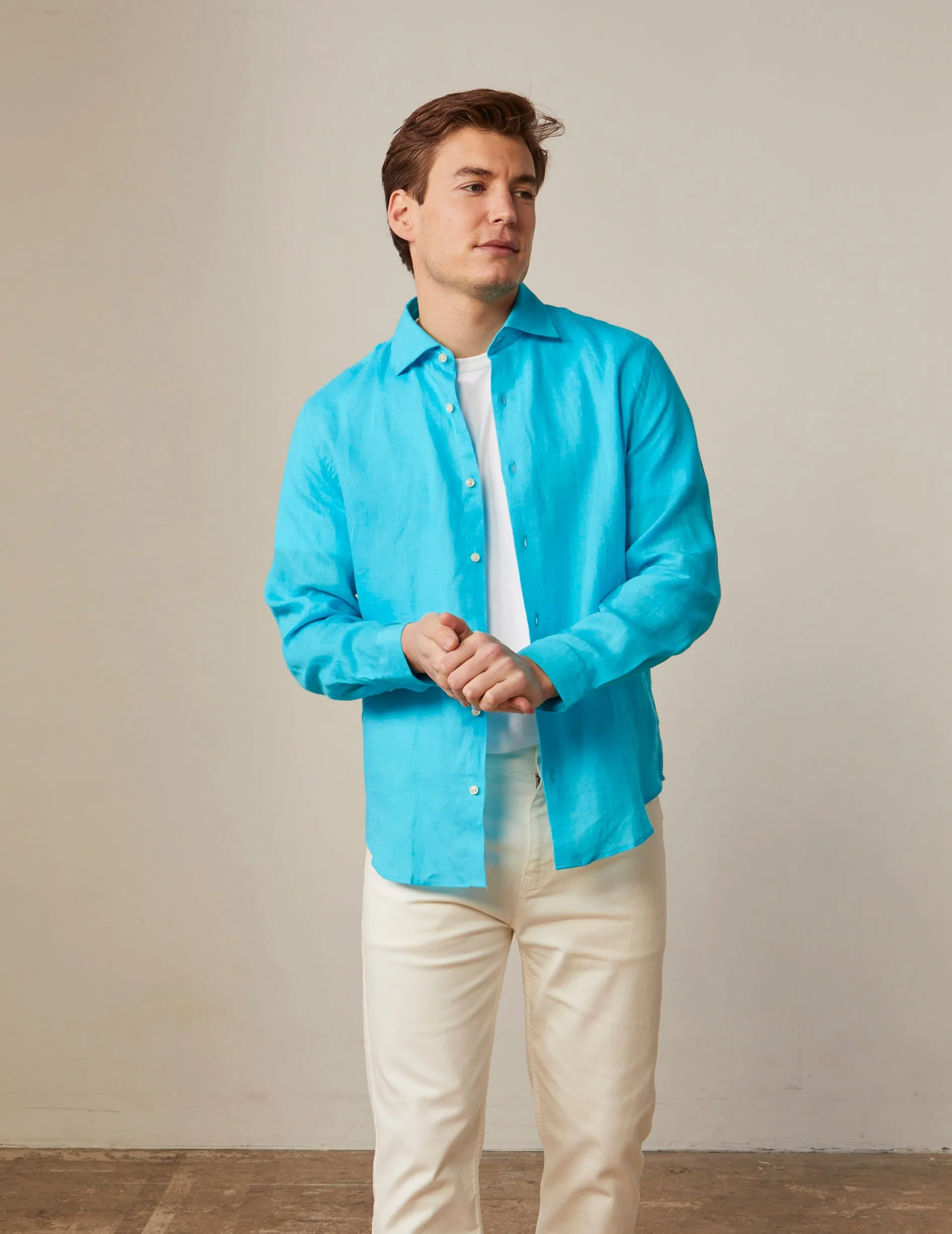 Chemise Aristote en lin turquoise