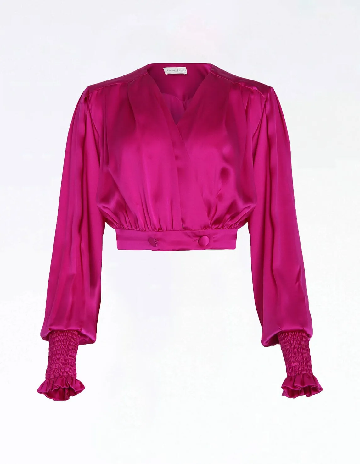 ESA - Blouse cache-cœur cropped en satin de soie Fuchsia