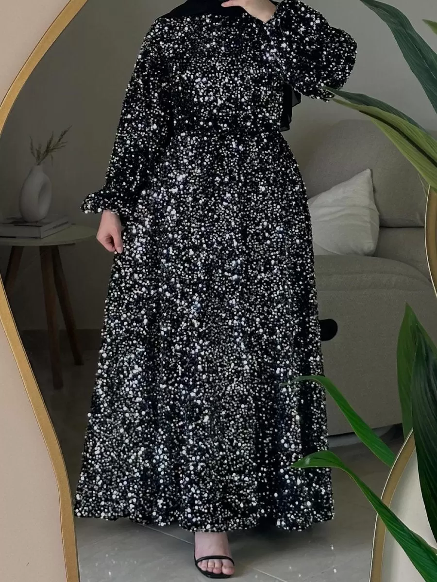 Natash - Robe de soirée à paillettes à manches longues et col rond