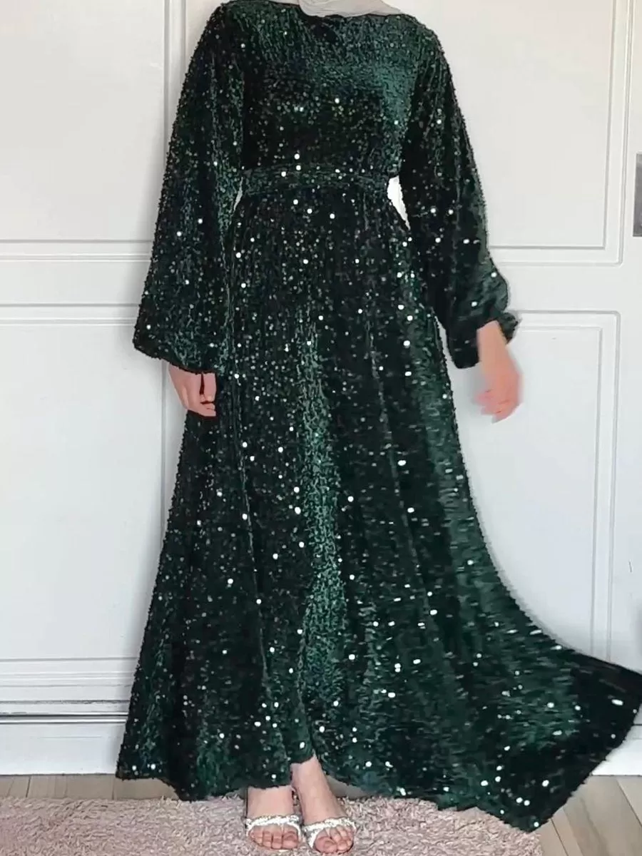 Natash - Robe de soirée à paillettes à manches longues et col rond