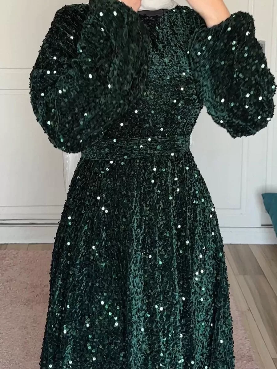 Natash - Robe de soirée à paillettes à manches longues et col rond