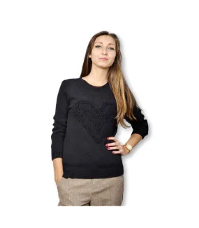 Pull femme manches longues court uni motif cœur de couleur noir.