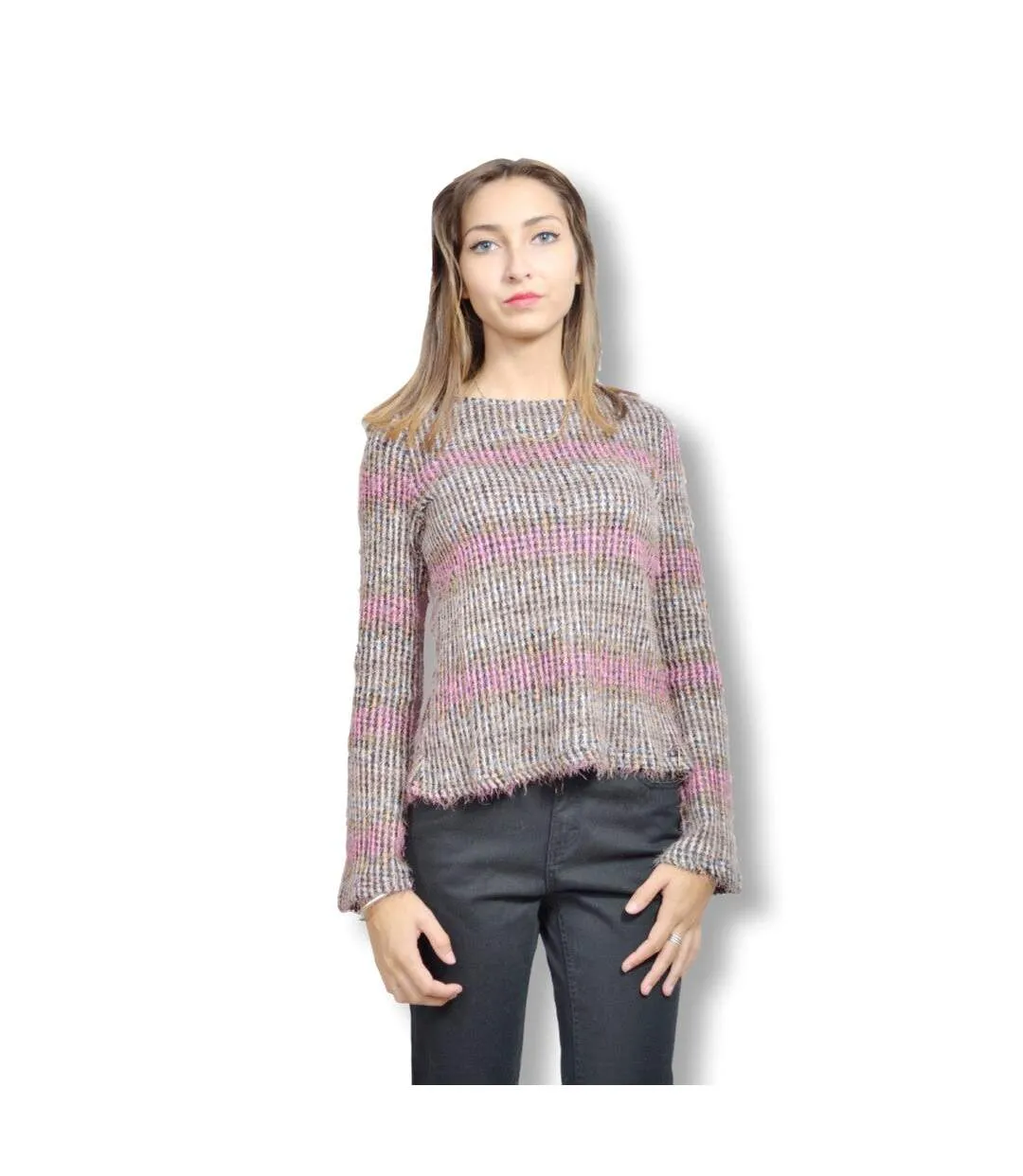 Pull femme manches longues de couleur rose - Col ras du cou