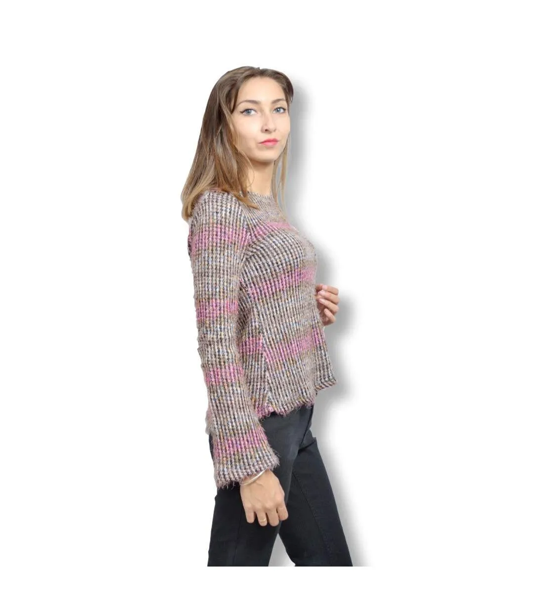 Pull femme manches longues de couleur rose - Col ras du cou