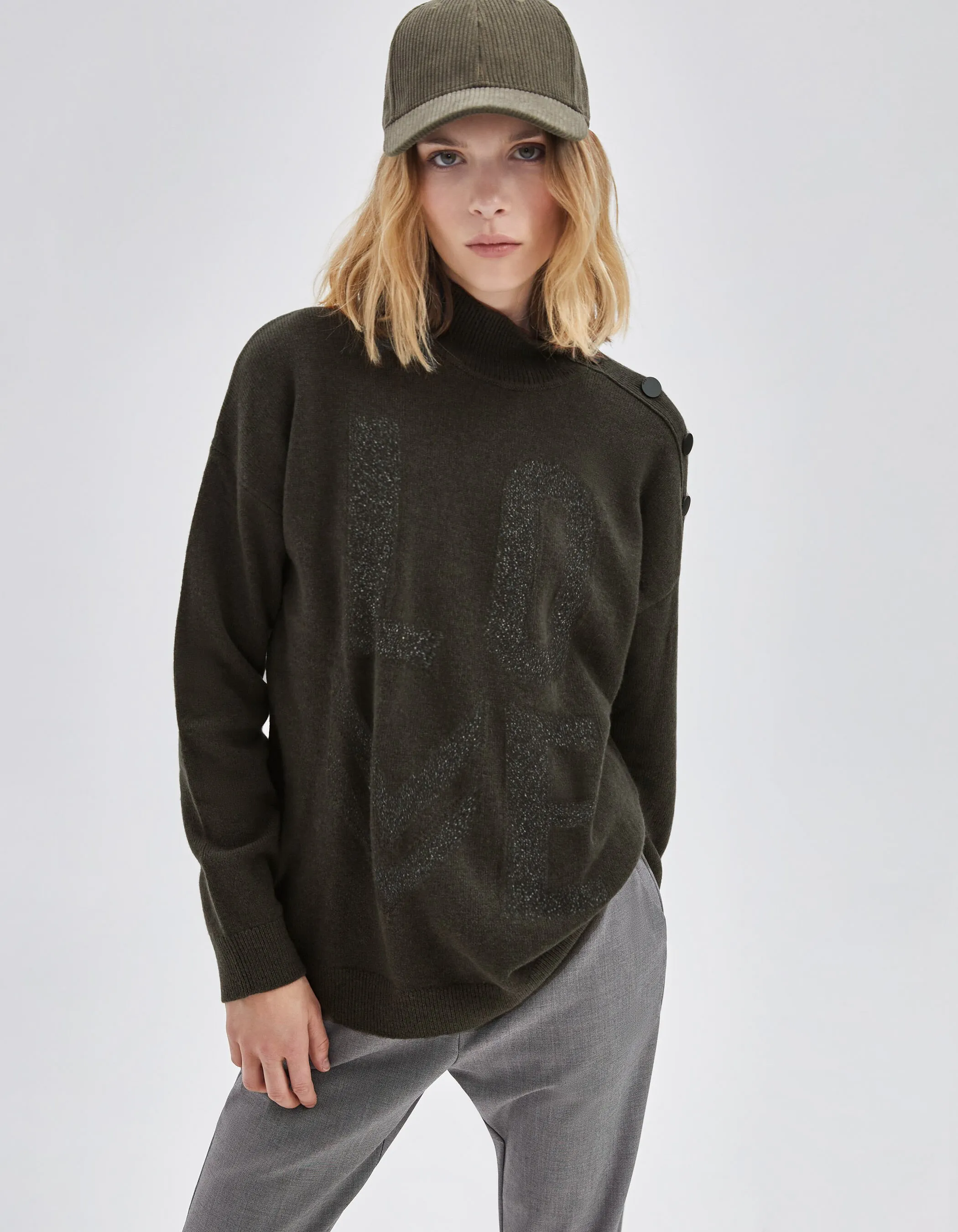 Pull kaki tricot boutons épaule gauche Femme