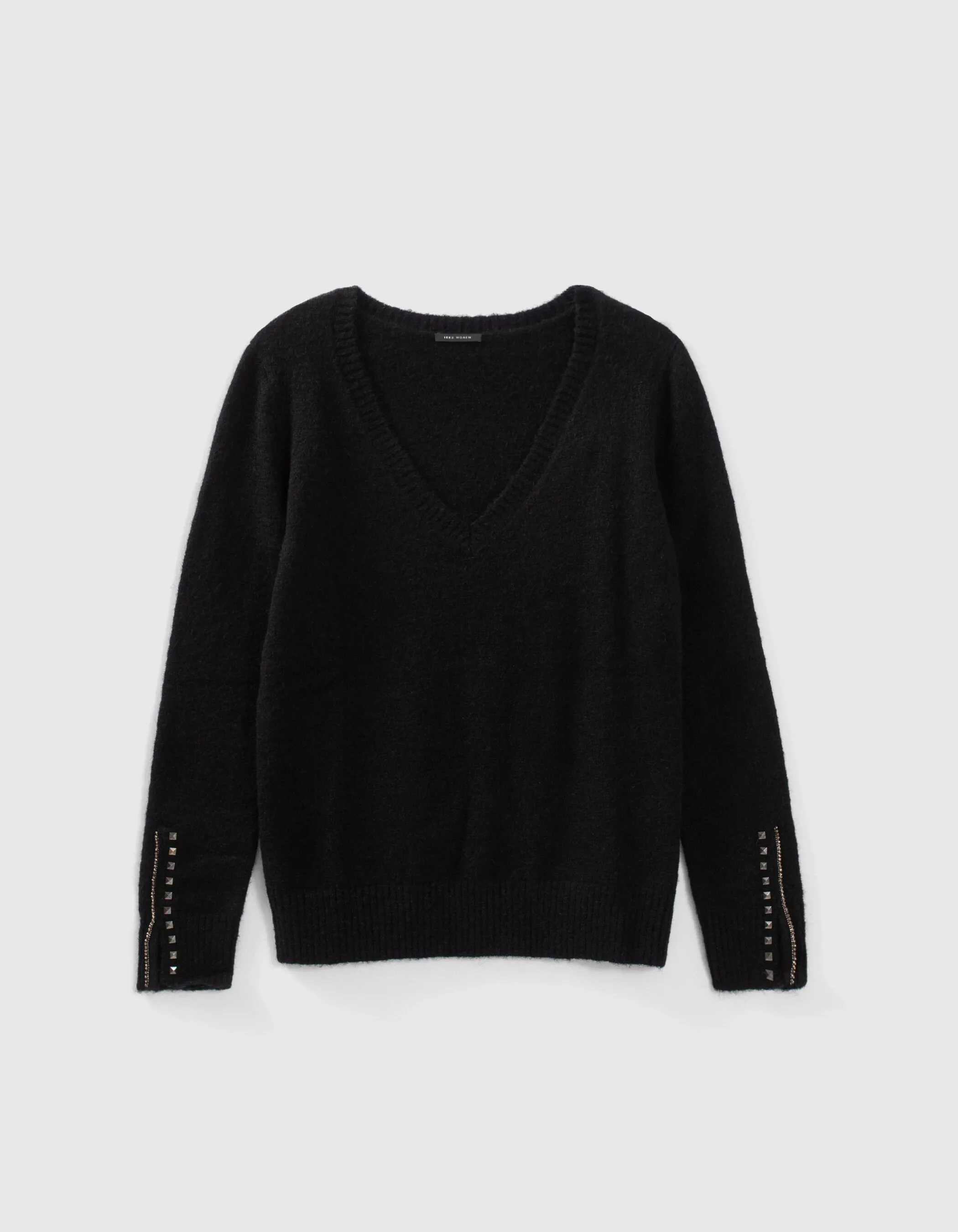 Pull noir tricot avec strass et clous aux poignets Femme