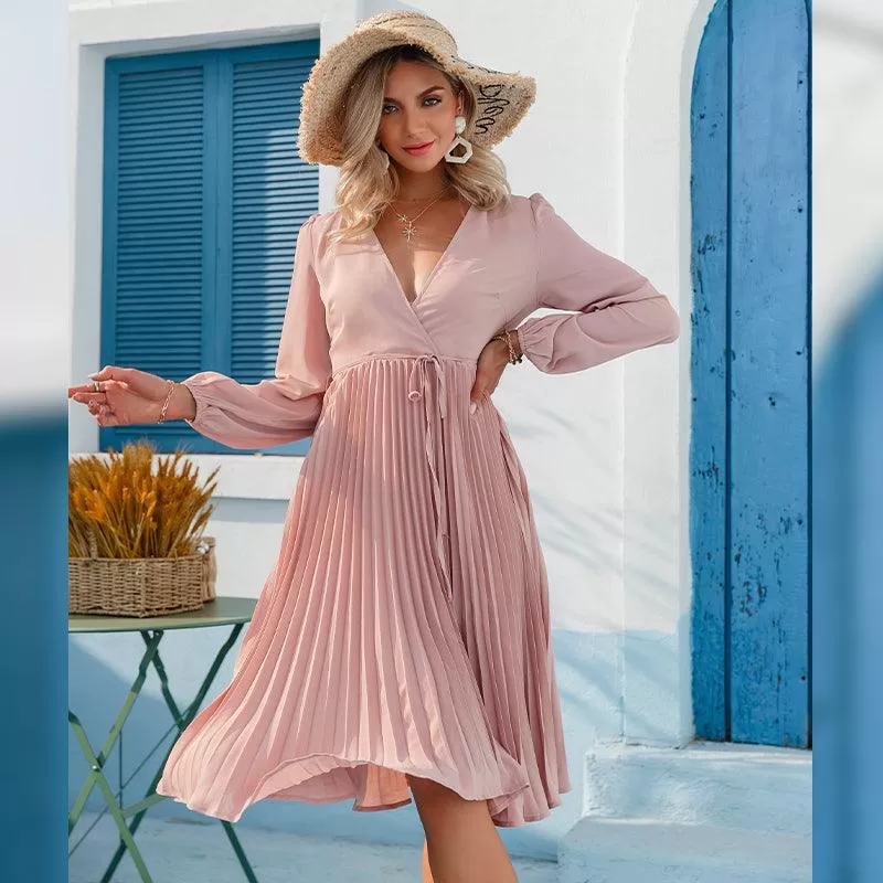 Robe Bohème Plissée Rose Poudrée