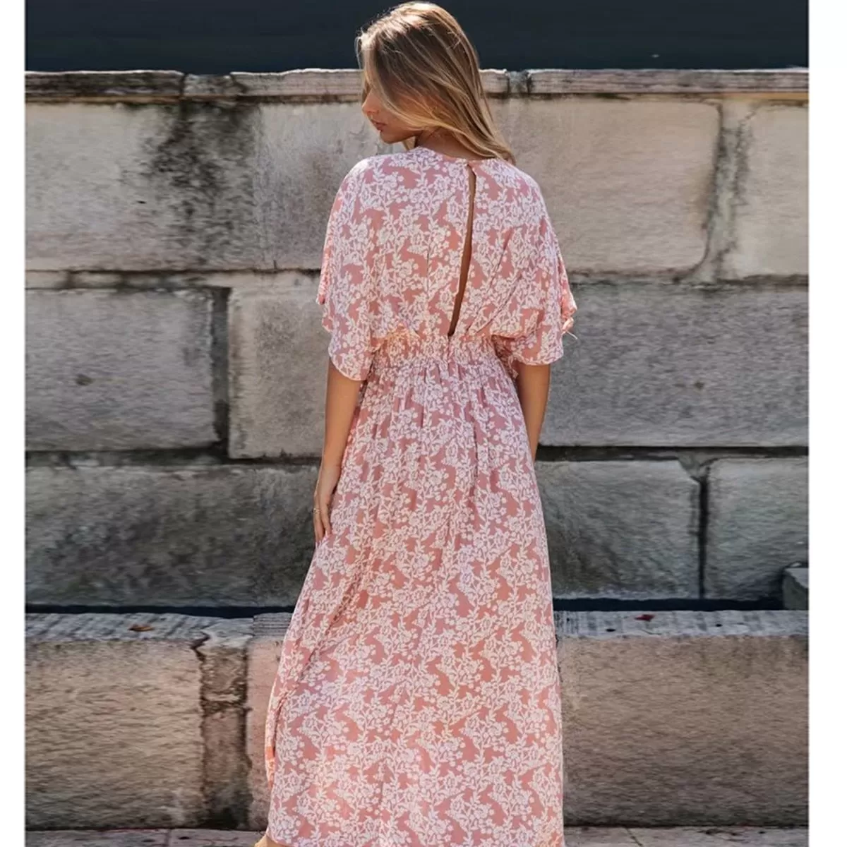 Robe Bohème Rose Poudré Fendue