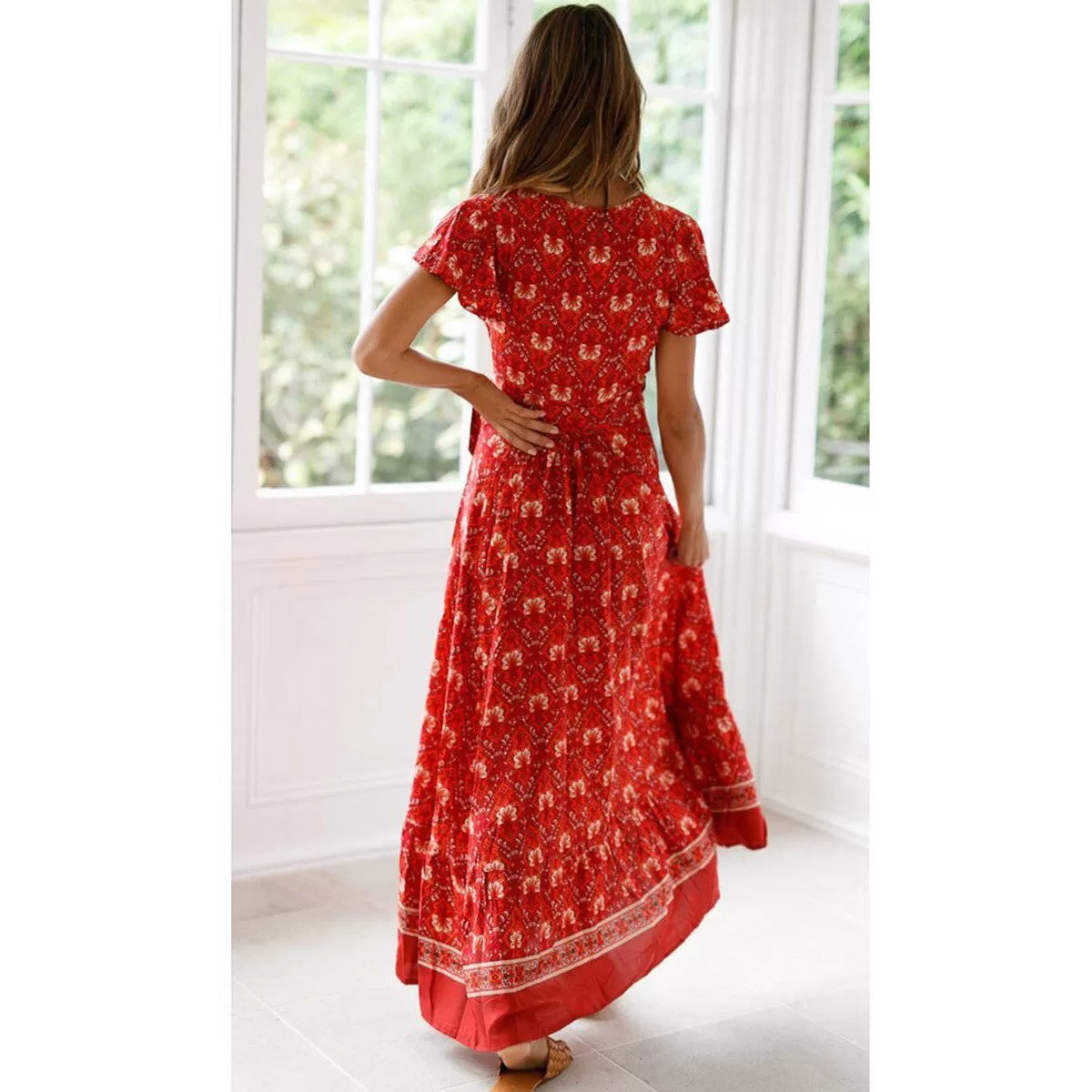 Robe Bohème Rouge Fendue Cache Coeur