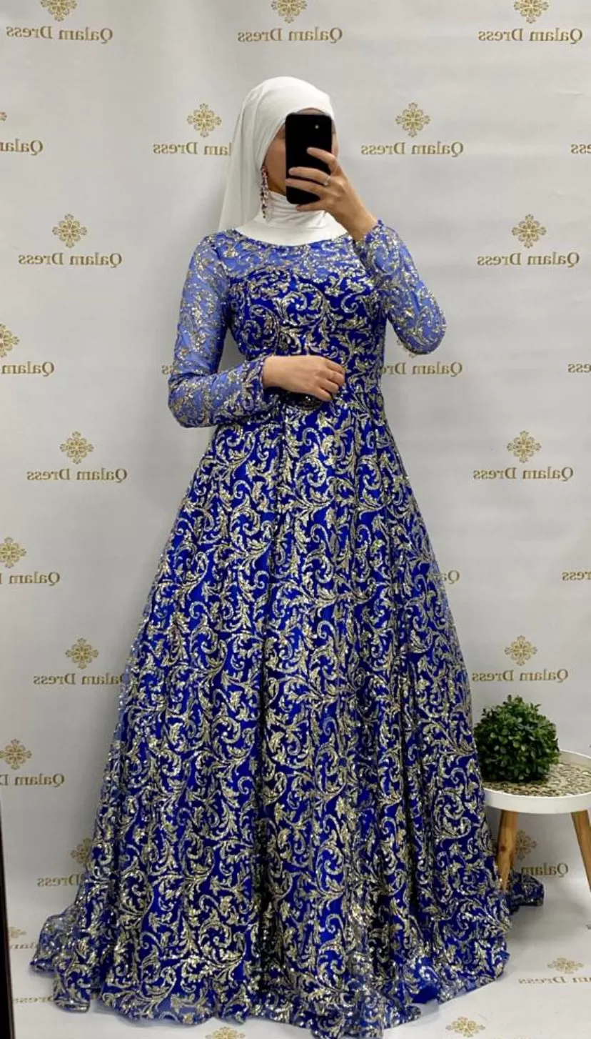 Robe de soirée Najah pailletée Dorée Bleu Roi - Tendance Hijab