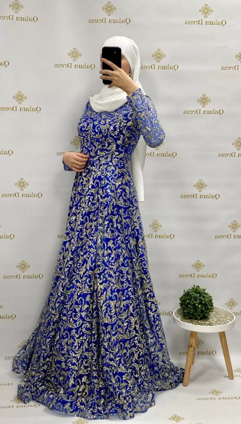 Robe de soirée Najah pailletée Dorée Bleu Roi - Tendance Hijab