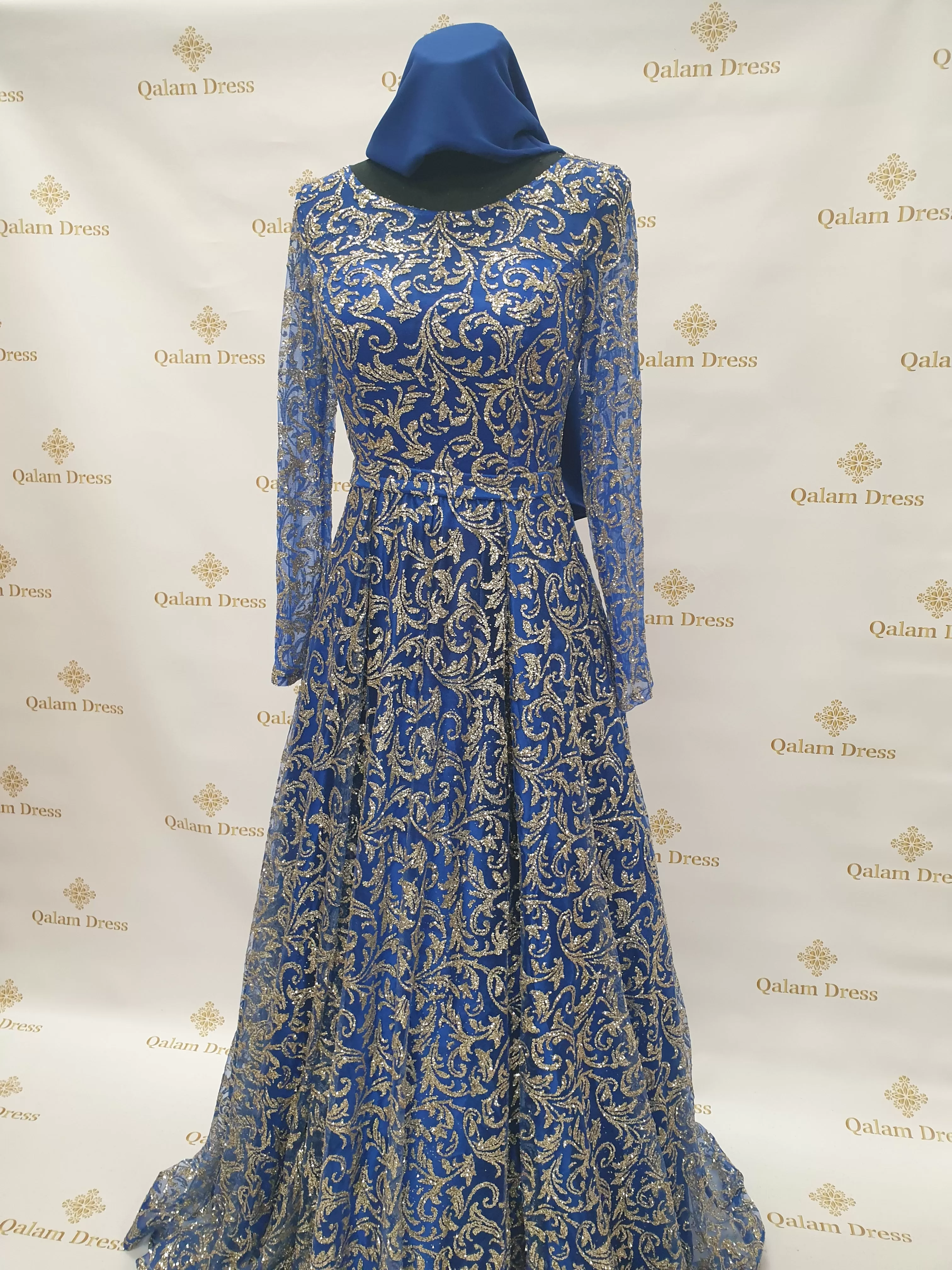 Robe de soirée Najah pailletée Dorée Bleu Roi - Tendance Hijab