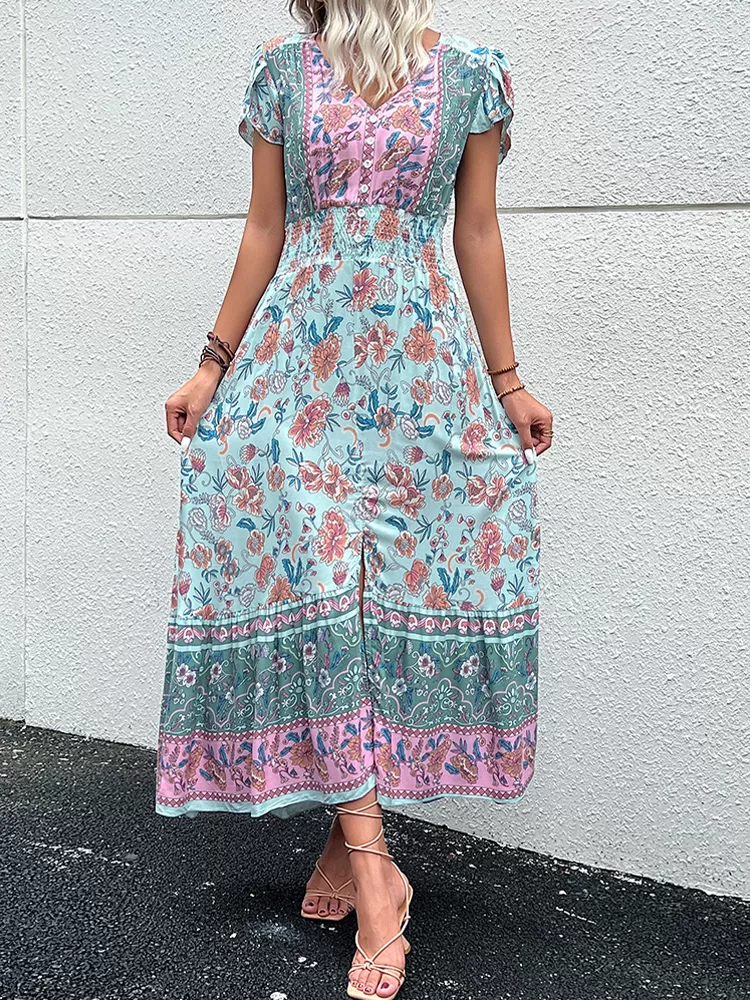 Robe longue fleurie bohème bleu à manches courtes et fente latérale | Tendance Fleurie