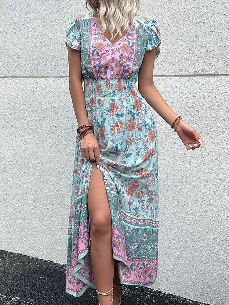 Robe longue fleurie bohème bleu à manches courtes et fente latérale | Tendance Fleurie