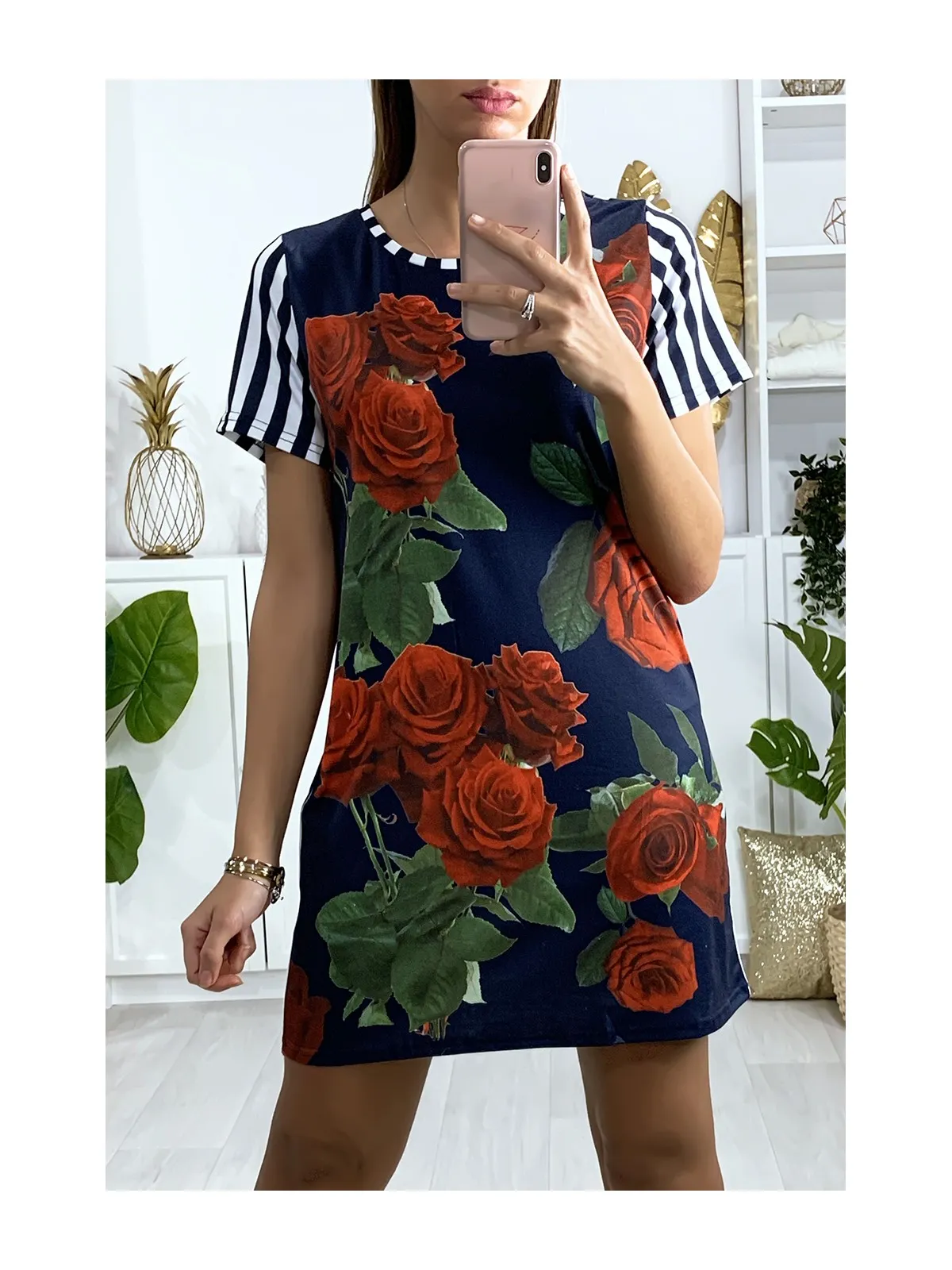 Robe tunique rayé marinière avec motif rose devant