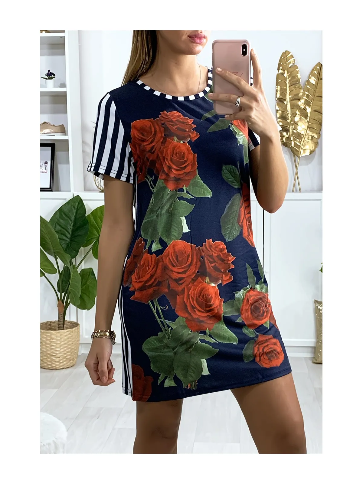 Robe tunique rayé marinière avec motif rose devant