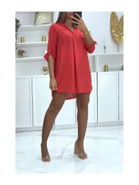 Robe tunique rouge col chemise manches revers