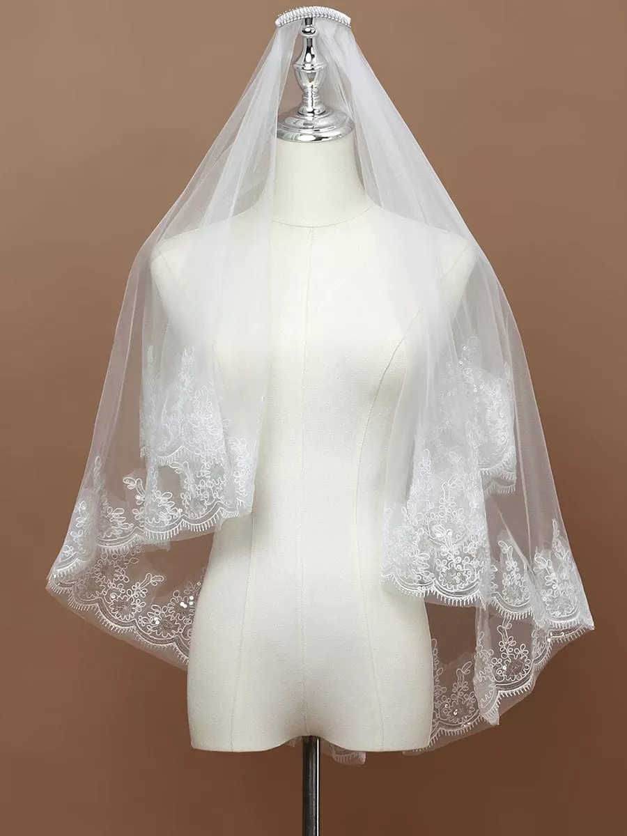 Voile de mariée en tulle à double couche avec appliques en dentelle