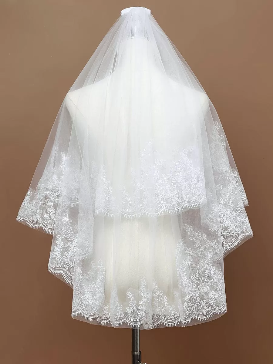 Voile de mariée en tulle à double couche avec appliques en dentelle